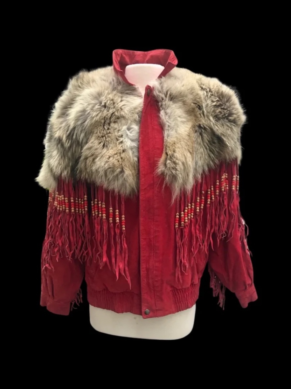 Vintage Red Suede Fringe Coyote Native American Inspired Jacket